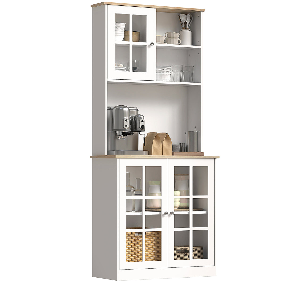 Kitchen Buffet with Hutch, Storage Pantry with 3 Cabinets, 2 Open Shelves and Large Countertop, Black – view 8