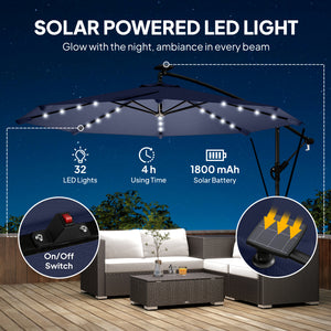 9.7ft Solar LED Cantilever Patio Umbrella with 32 LED Lights, Cross Base, Crank Handle, for Poolside, Deck – view 3