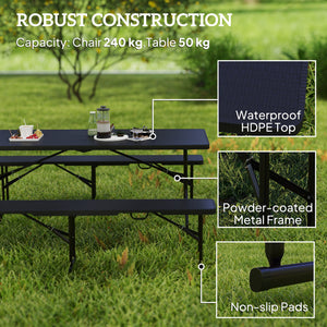 6FT 3PCS Faux Rattan Outdoor Camping Table Bench Set with Carrying Handles, Folding Picnic Table with 2 Benches, Black