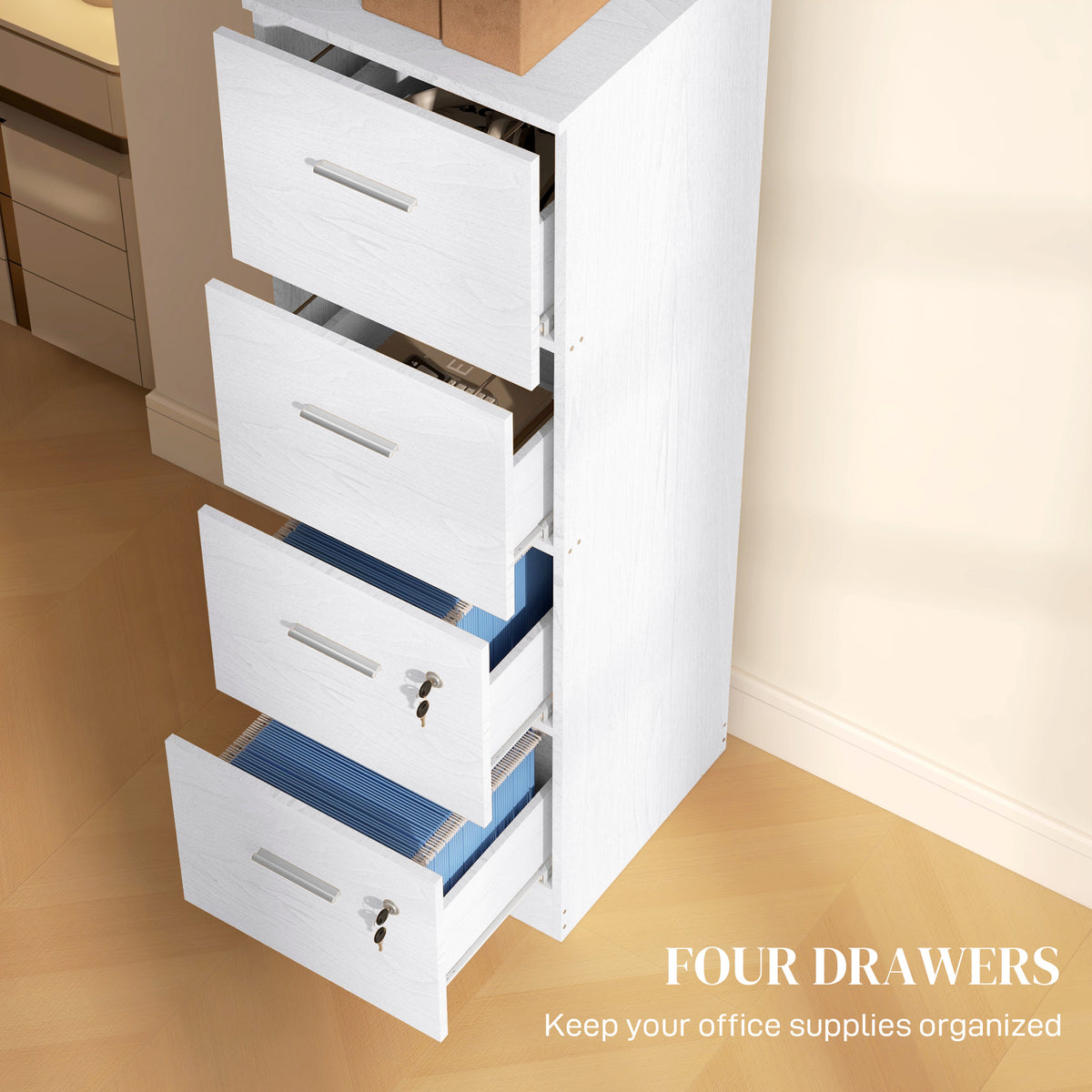 Vertical Filing Cabinet with Lock, 4 Drawer File Cabinet with Adjustable Hanging Bar for A4 and Letter Size, White