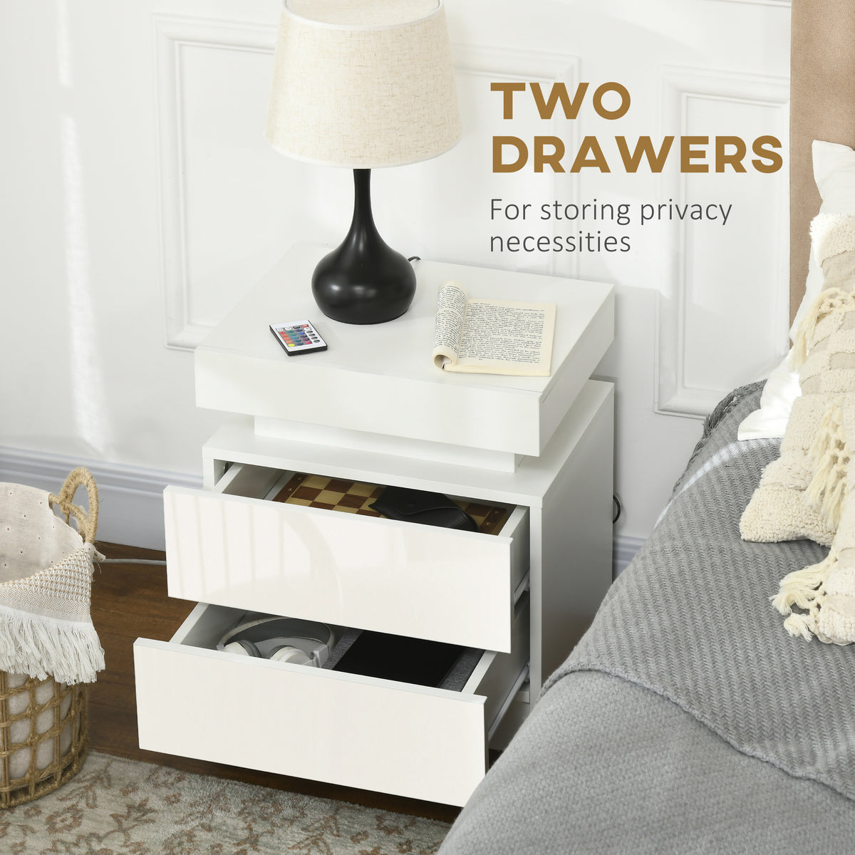 Nightstand, Bedside Table with LED Lights and 2 Drawers for Bedroom, Living Room, White