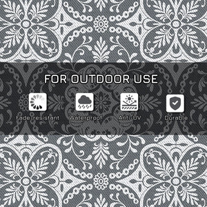 Portable Outdoor Rug with Carry Bag, 9' x 12' Reversible Mat, Waterproof Plastic Straw RV Rug for Backyard, Deck, Picnic, Beach, Camping, Blue & White Flower