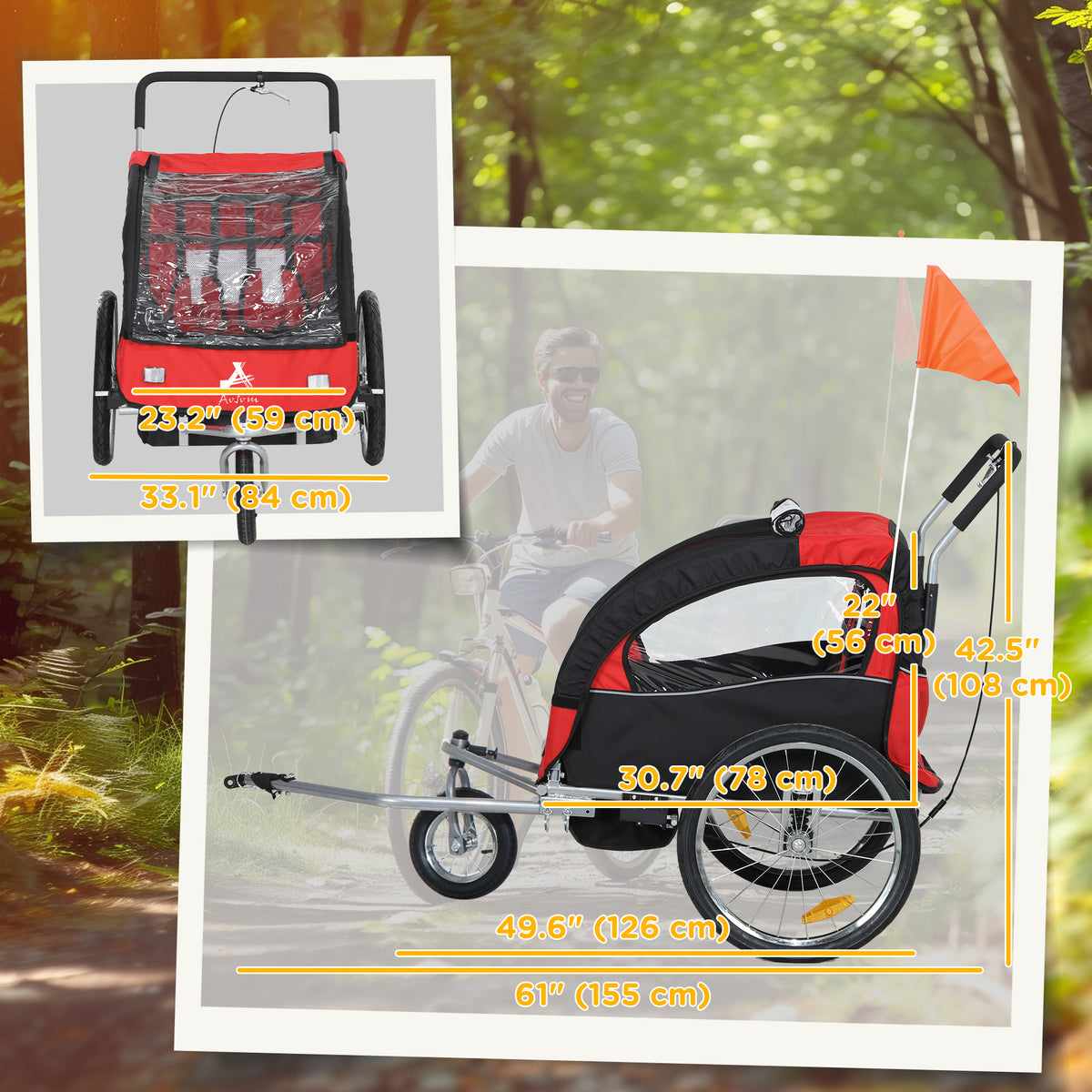 Aosom 2-in-1 Bike Trailer for Kids, Foldable 2-Seat Baby Stroller with 5-Point Harness, Rubber Wheels, Storage Bag
