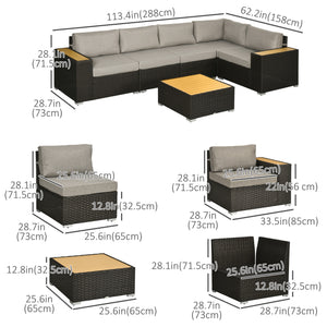 6 Pieces Outdoor Rattan Patio Furniture Set with Corner Sofa, Wood-Plastic Coffee Table, Light Grey