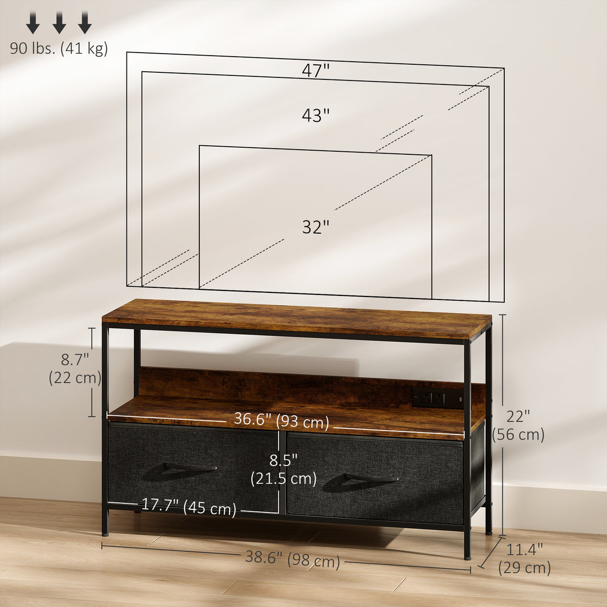 TV Stand with Charging Station, TV Table with 2 Foldable Linen Drawers and Open Shelf for 47 Inch – view 37