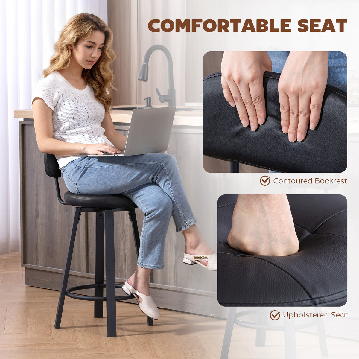 Bar Stools Set of 2, Upholstered Breakfast Bar Chairs with Footrest and Backrest for Kitchen Counter, Black