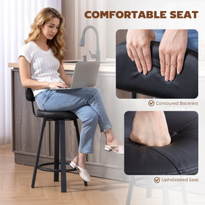 Bar Stools Set of 2, Upholstered Breakfast Bar Chairs with Footrest and Backrest for Kitchen Counter, Black
