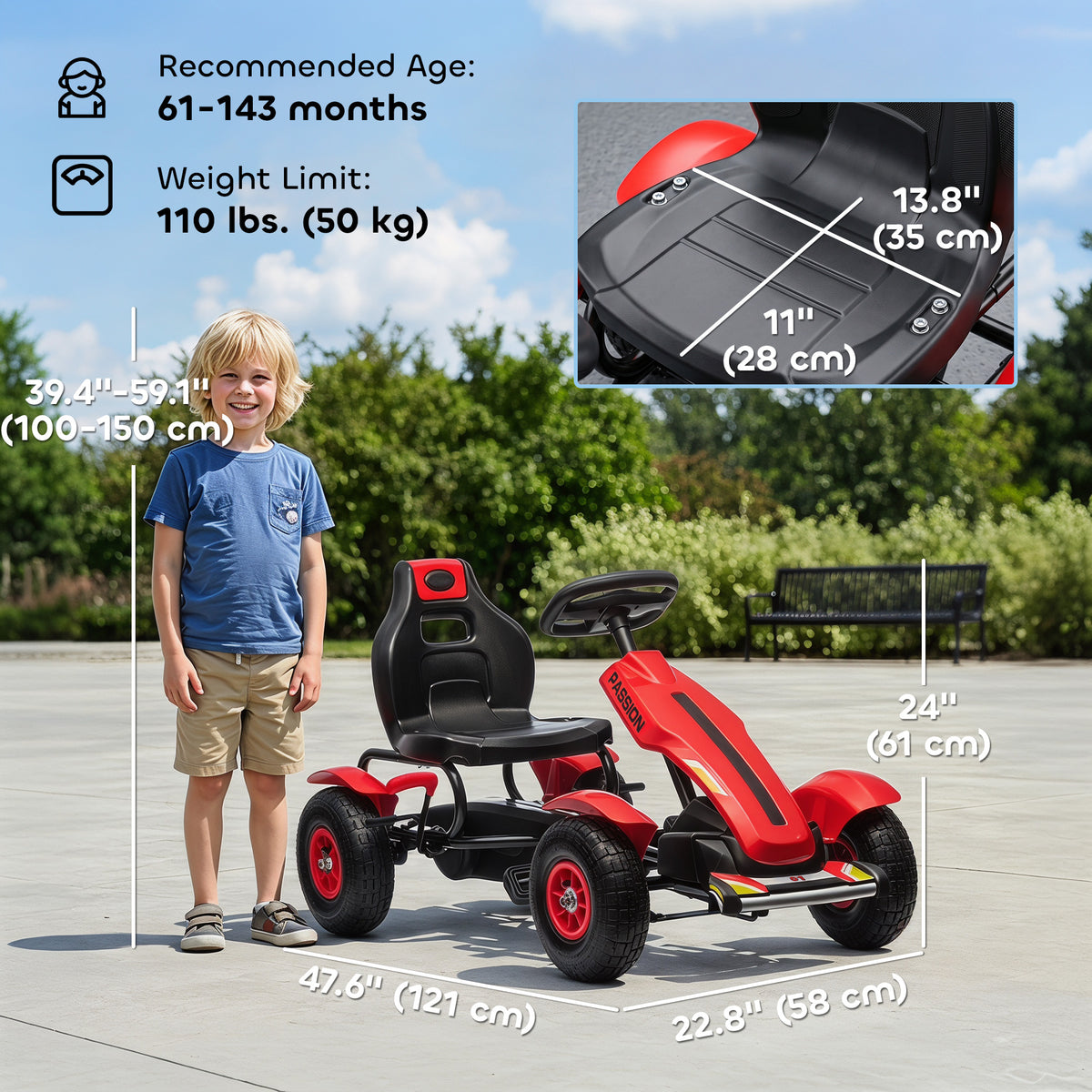 Aosom Pedal Go Kart for Kids, Pedal Car with Adjustable Bucket, Handbrake, 4 Rubber Wheels Powered Ride