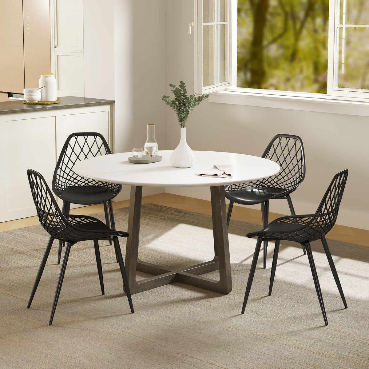 Modern Dining Chairs Set of 4, Plastic Kitchen Chairs with Hollow Backrest and Metal Legs for Living Dining Room, Black