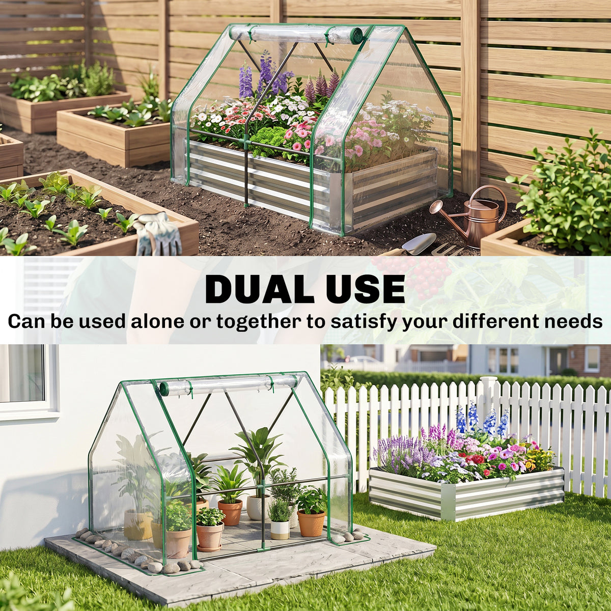 Steel Outdoor Raised Garden Bed with Greenhouse,Cover, Roll Up Door, Dual Use, 50"x37.4"x36.2", Clear