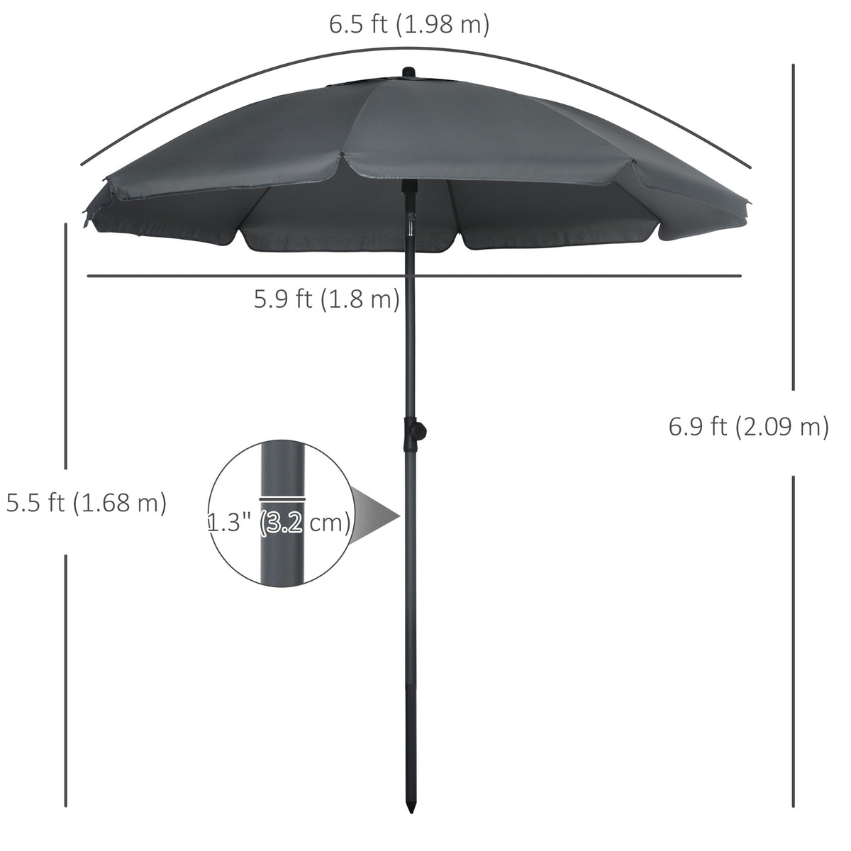 6ft Beach Umbrella, Outdoor Sun Shade Parasol with Push Button Tilt, Ruffled  UV50+ Vented Canopy, Dark Grey
