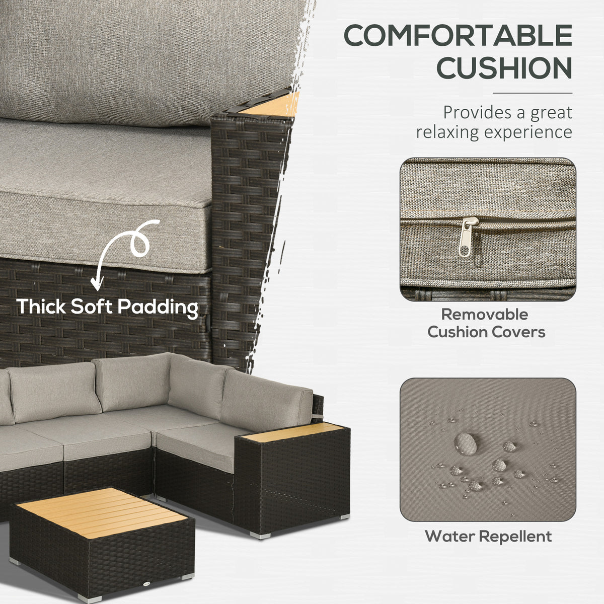 6 Pieces Outdoor Rattan Patio Furniture Set with Corner Sofa, Wood-Plastic Coffee Table, Light Grey