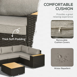 6 Pieces Outdoor Rattan Patio Furniture Set with Corner Sofa, Wood-Plastic Coffee Table, Light Grey