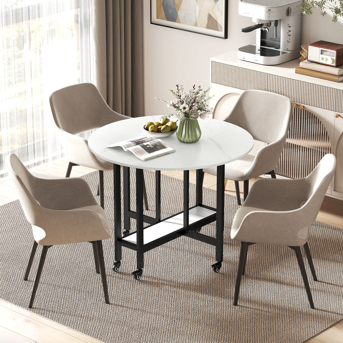 Folding Dining Table, Drop Leaf Table with Open Shelf, Rolling Kitchen Table for Dining Room, Small Spaces, White Marble