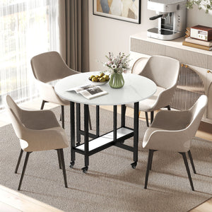 Folding Dining Table, Drop Leaf Table with Open Shelf, Rolling Kitchen Table for Dining Room, Small Spaces, White Marble