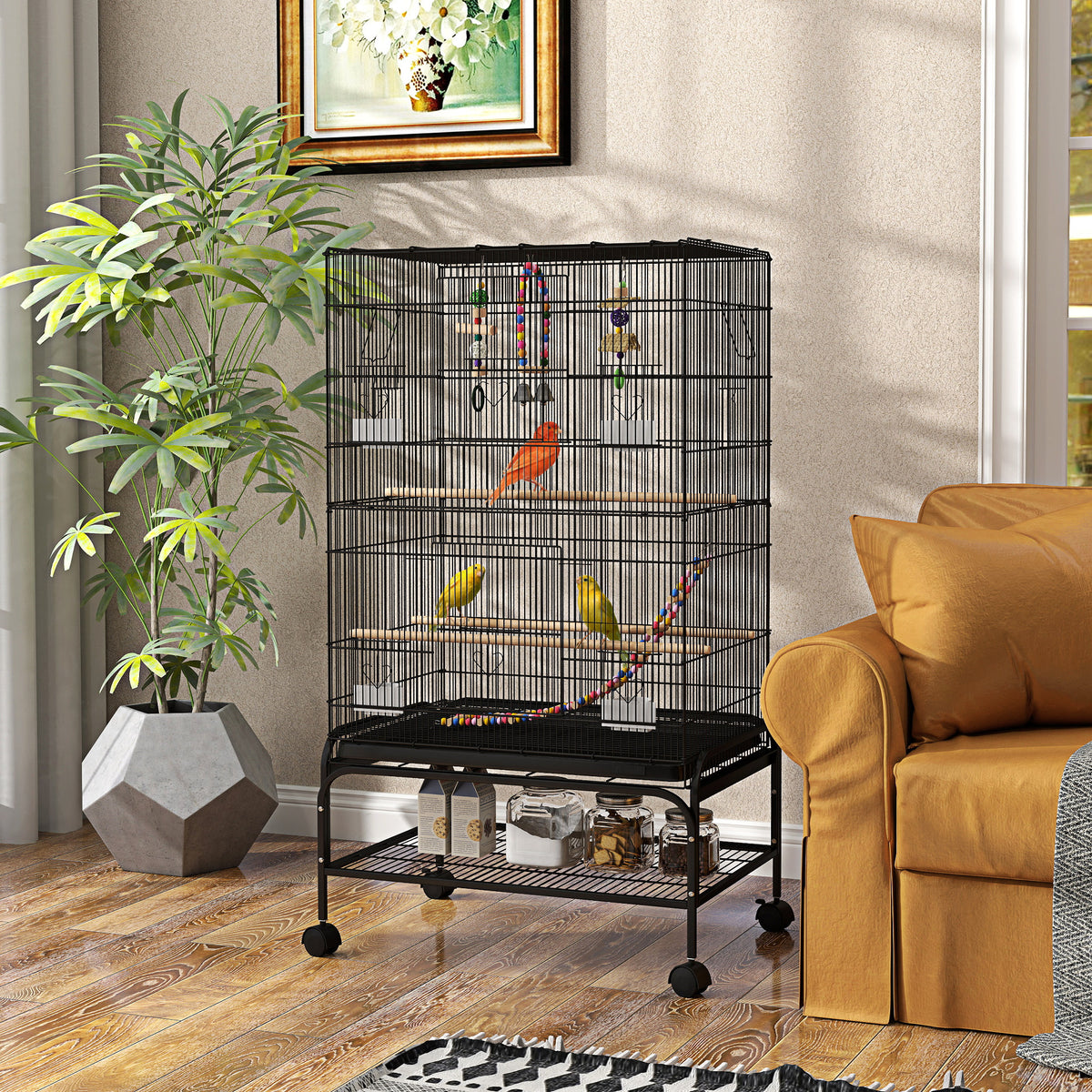 52" Bird Cage with Rolling Stand, Toys, for Budgies Canaries Black – view 21