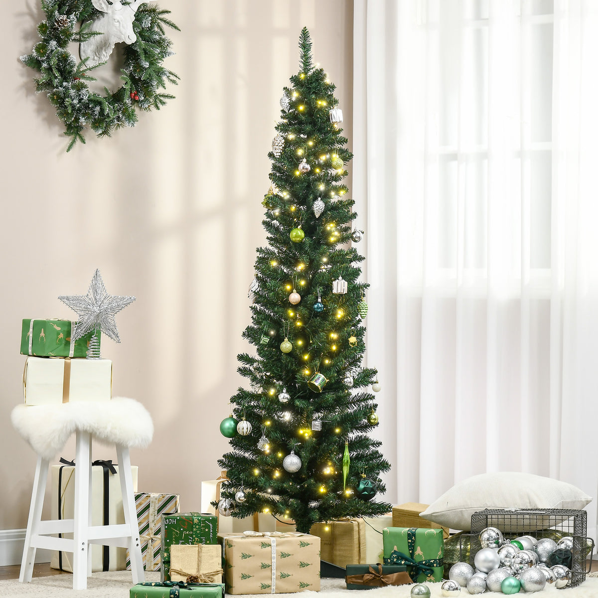 6' Pre Lit Artificial Pencil Christmas Trees, Xmas Tree with Realistic Branches and Warm White LED Lights – view 7
