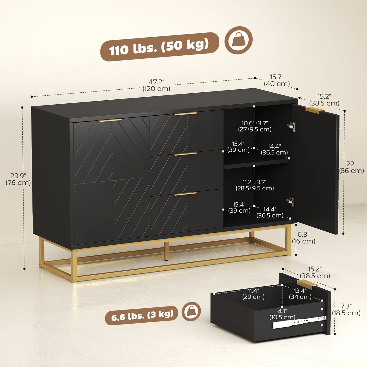 47" Storage Cabinet with Doors, Adjustable Shelves, 3 Drawers, Metal Legs for Kitchen Storage, Home Use – view 16