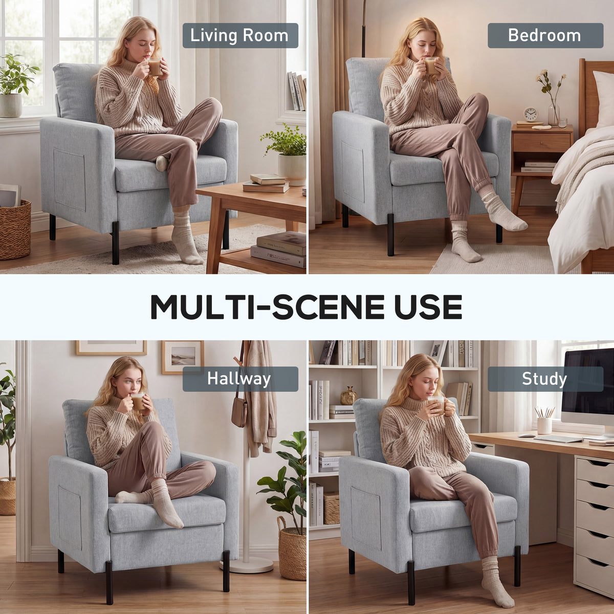 Accent Chair Modern Upholstered Armchair with Side Pockets and Cushion for Bedroom, Living Room, Beige – view 26