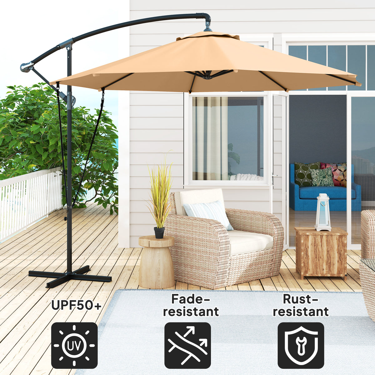 9.5' Cantilever Umbrella with Wind Protection Strap and Cover, Hanging Umbrella with Crank and Cross Base, UPF 50+, Grey