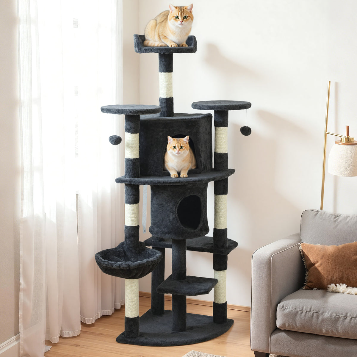62" Cat Tree with Scratching Post, 2 Condos, Hammock, Perches, Plush, Pompoms, for Indoor Cats, Beige – view 14