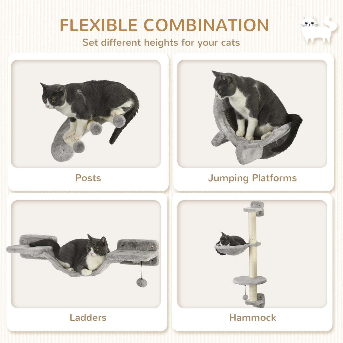 4Pcs Cat Wall Shelf with Scratching Post, Cat Wall Shelves for Relaxing, Climbing – view 5