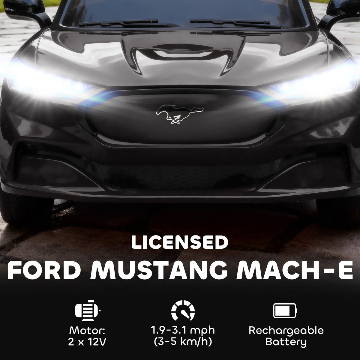 Qaba Ride On Car for Kids, Licensed Ford Mustang Mach-E 12V Electric Car with Remote Control, LED Light, Music, Black