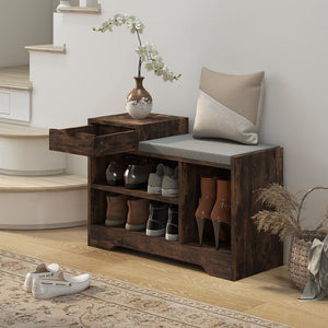 Upholstered Shoe Storage Bench, Hallway Shoe Storage with Seat, Drawer, 3 Open Shelves for Entryway, Grey – view 14