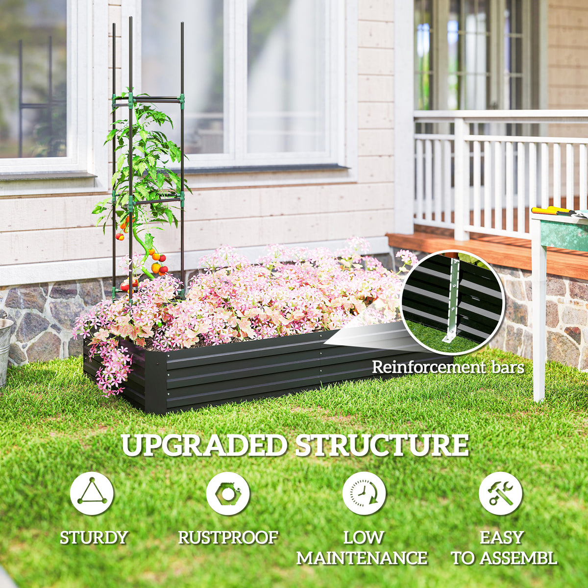 6' x 3' x 1' Raised Garden Bed with 2 Trellis Tomato Cages, Steel Frame Elevated Planter Box, Black – view 4