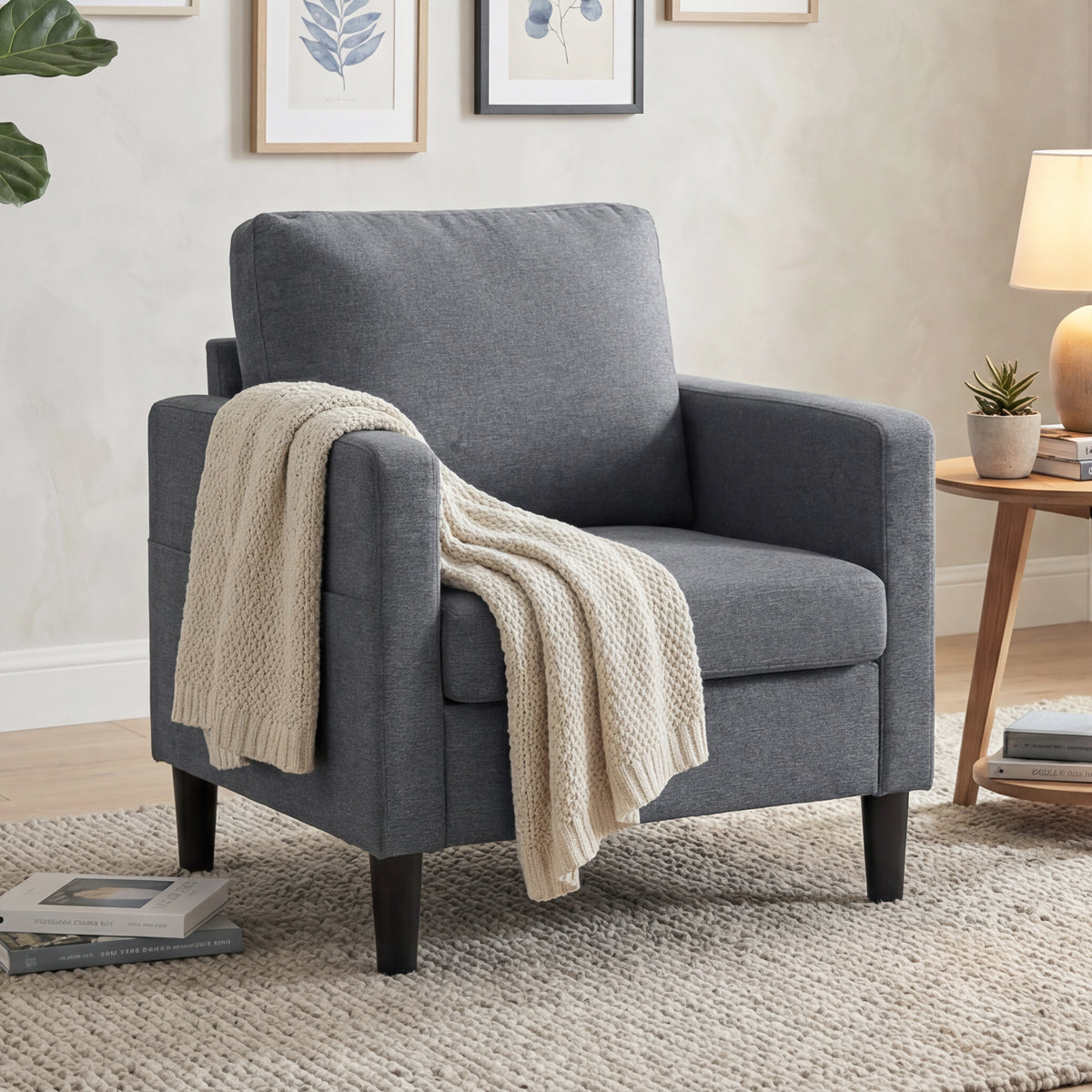 Accent Chair Upholstered Modern Armchair for Living Room with Thick Padded Seat and Armrests Dark Grey