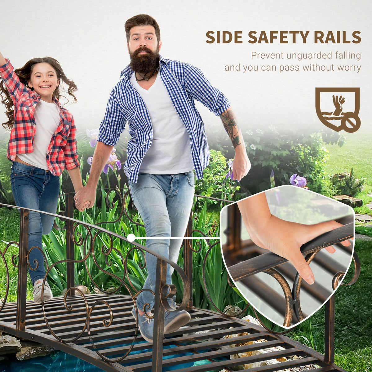 6FT Steel Garden Bridge with Safety Siderails, Decorative Arc Landscaping Bridge for Backyard Creek Stream – view 10