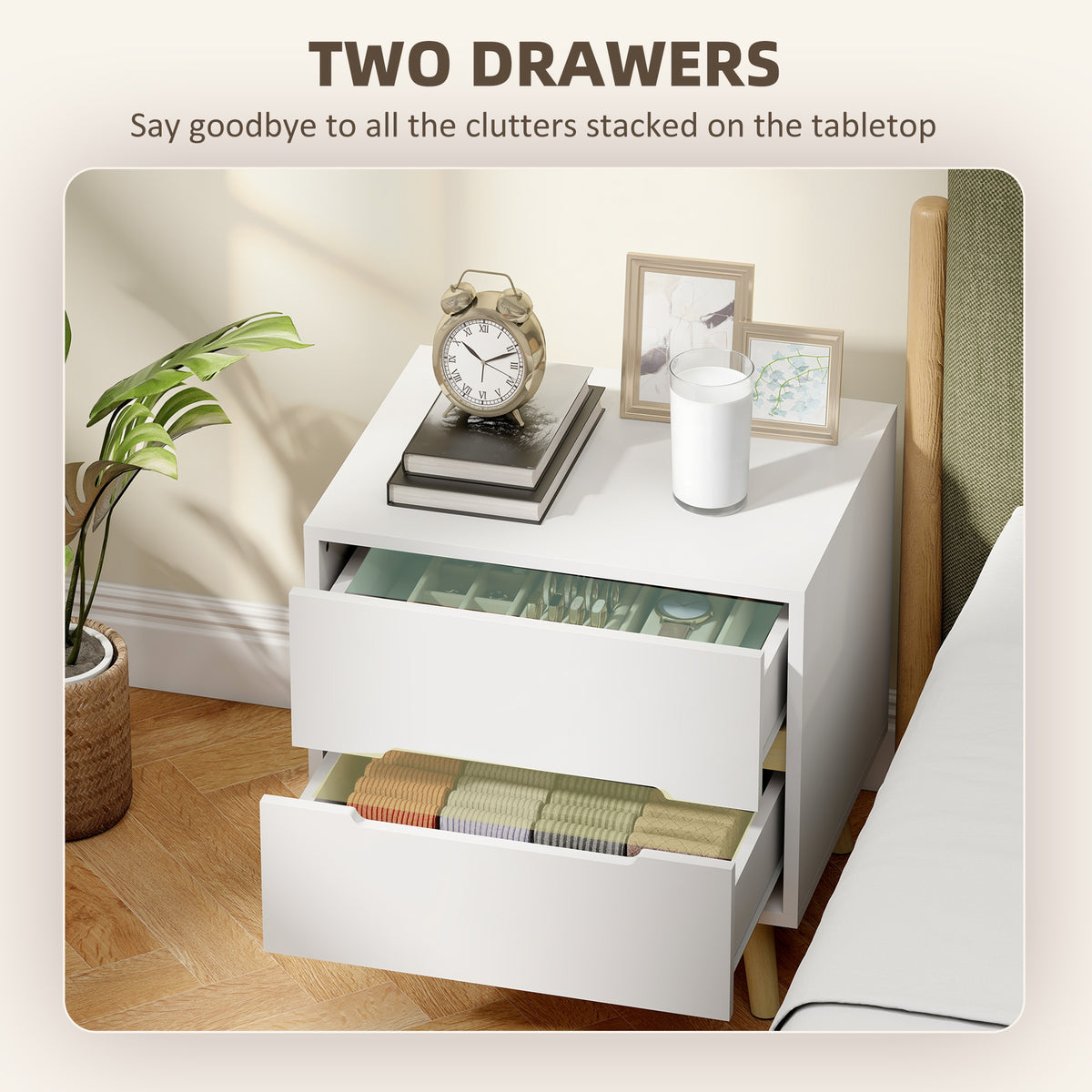 Nightstand, Bedside Table with 2 Drawers, Modern Side End Table with Solid Wood Legs for Bedroom, White – view 25