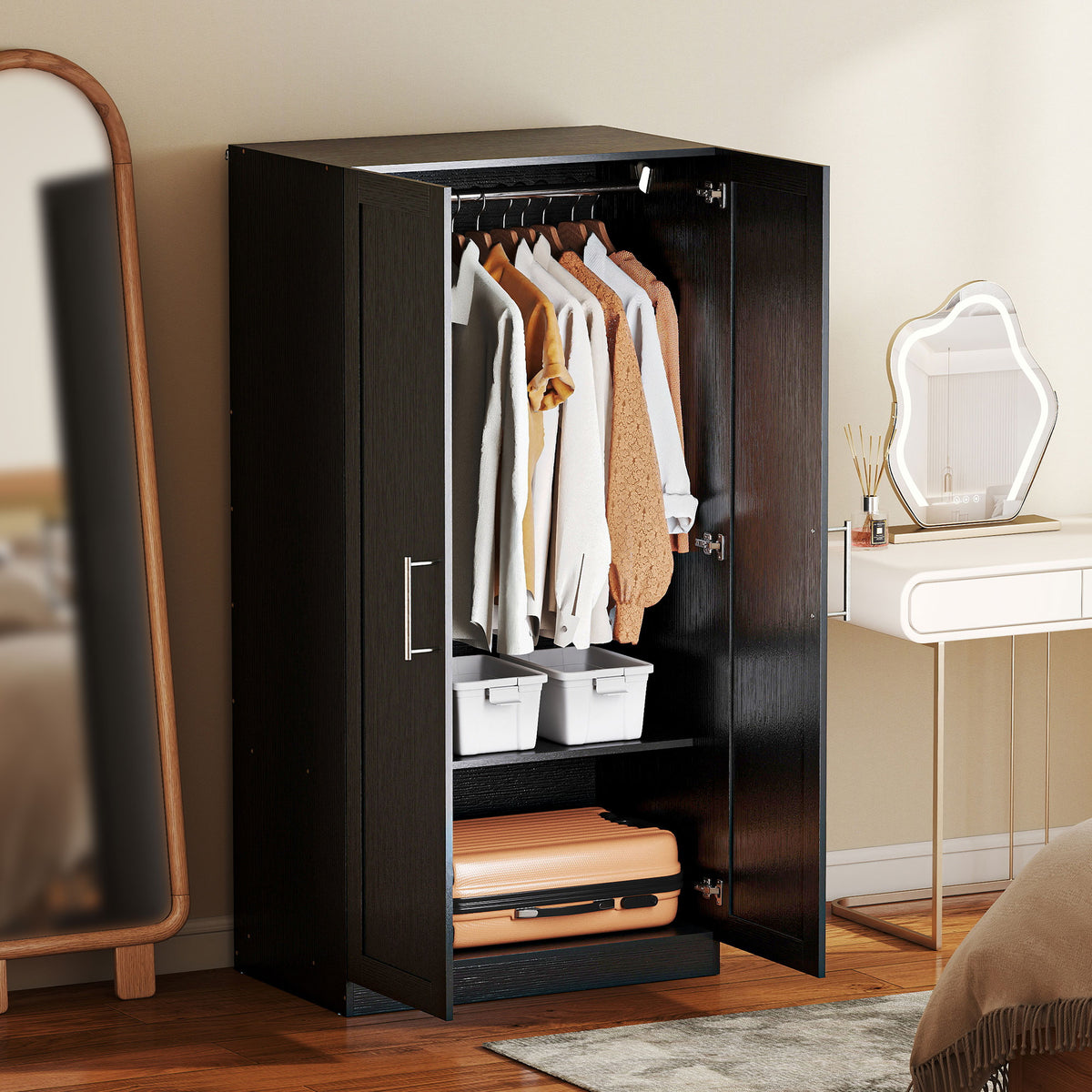 Wardrobe Cabinet with 2 Doors and Hanging Rod, Modern Armoire Wardrobe Closet for Bedroom, Black Wood Effect – view 7