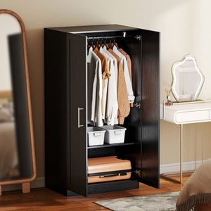 Wardrobe Cabinet with 2 Doors and Hanging Rod, Modern Armoire Wardrobe Closet for Bedroom, Black Wood Effect – view 7