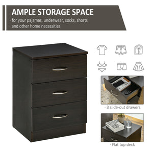 Bedside Table, Modern Night Stand with 3 Drawers and Metal Rail for Bedroom, Dark Brown