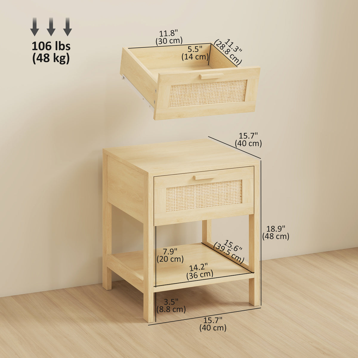 Narrow Nightstand with Rattan Elements, Bedside Table with Drawer and Storage Shelf for Bedroom, Natural – view 9
