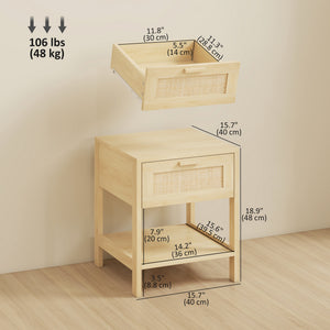 Narrow Nightstand with Rattan Elements, Bedside Table with Drawer and Storage Shelf for Bedroom, Natural – view 9