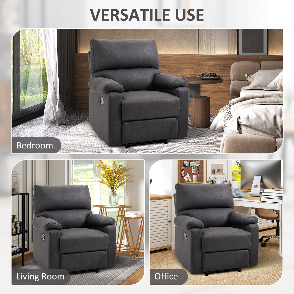 Recliner Chair, Manual Reclining Chair with Footrest, Padded Seat for Living Room, Bedroom, Study, Dark Grey – view 6