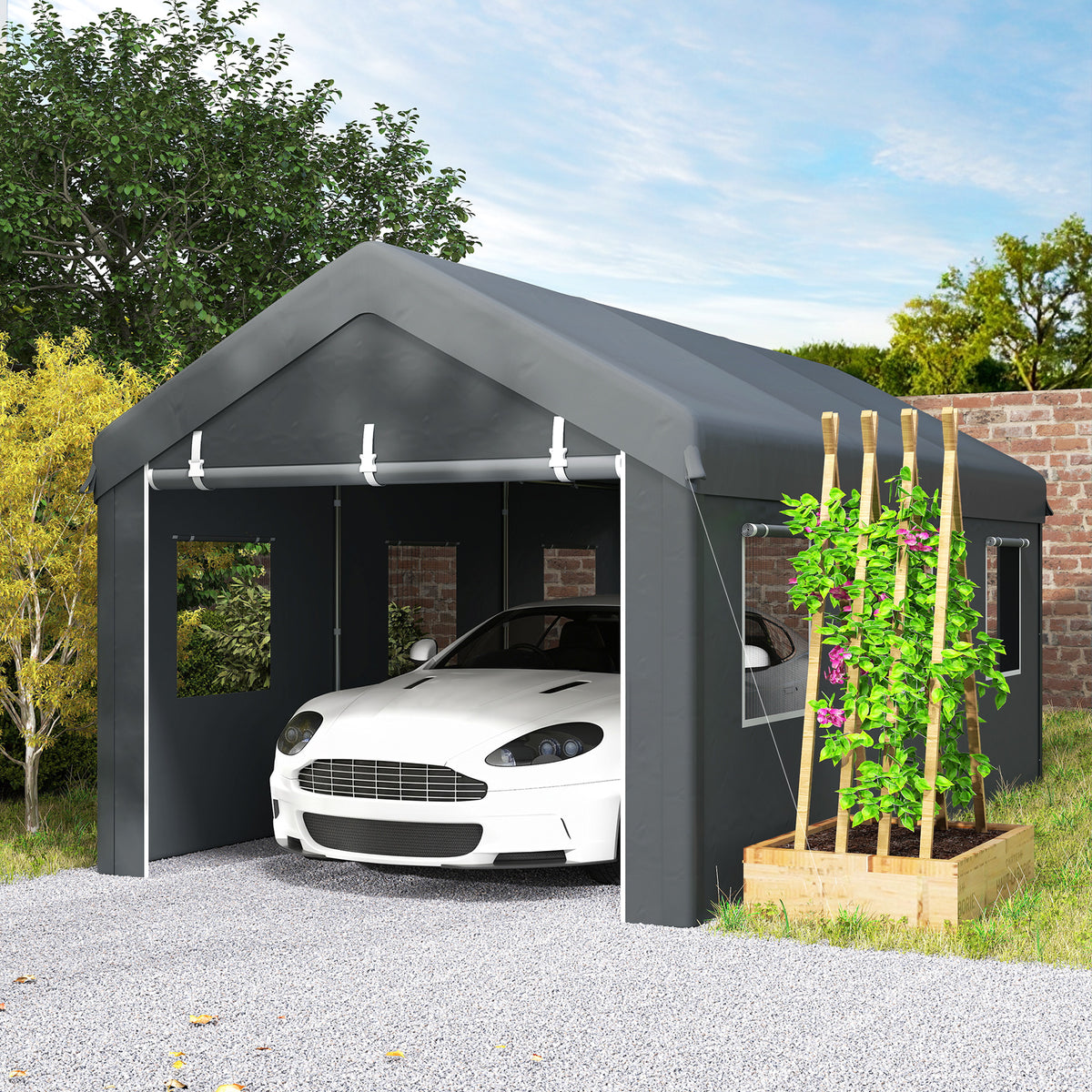 10' x 20' Carport, Heavy Duty Portable Garage with 6 Mesh Windows and 2 Doors, Dark Grey – view 7