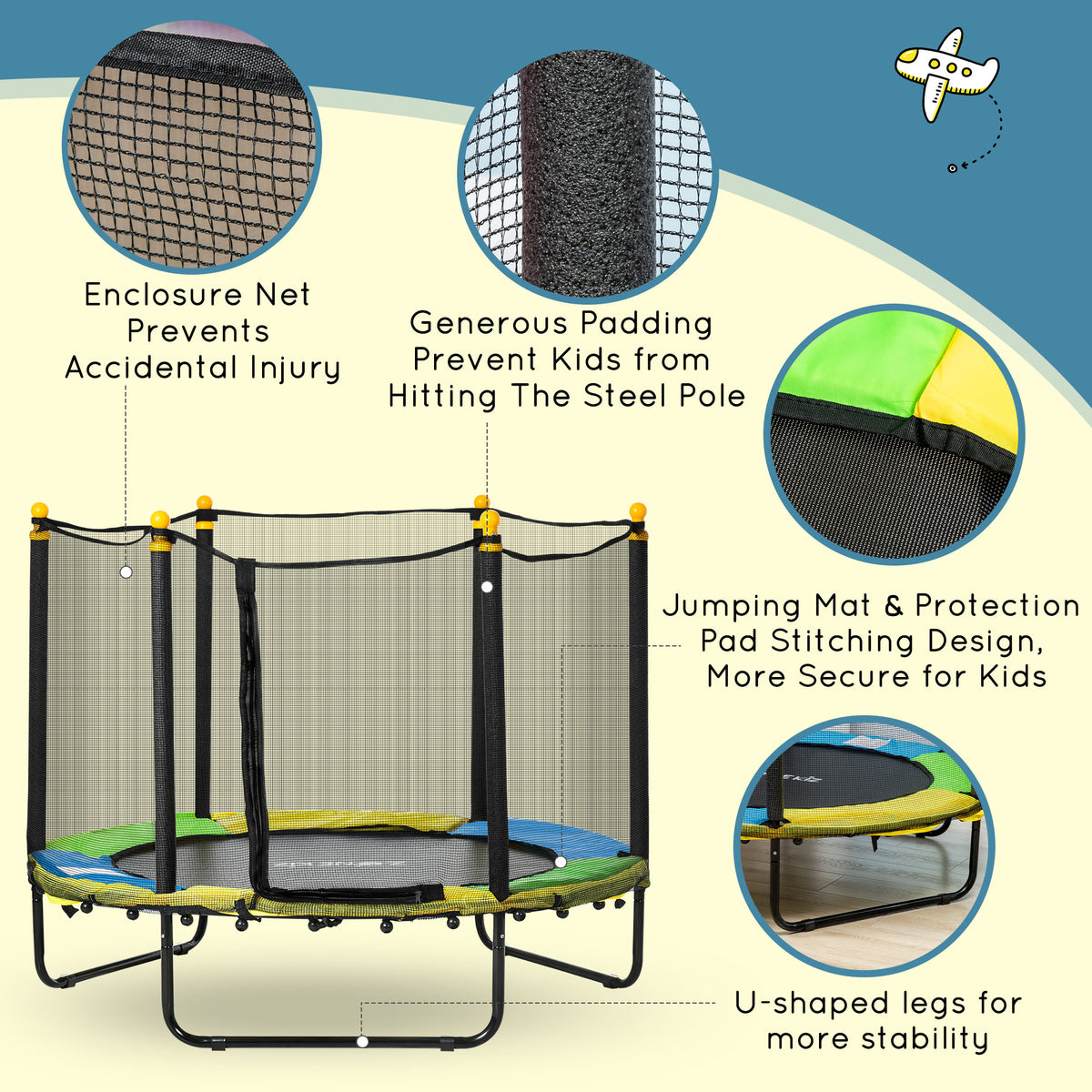 Qaba 4.6FT Trampoline for Kids with Enclosure Net for Ages 3-6, Indoor Outdoor Use