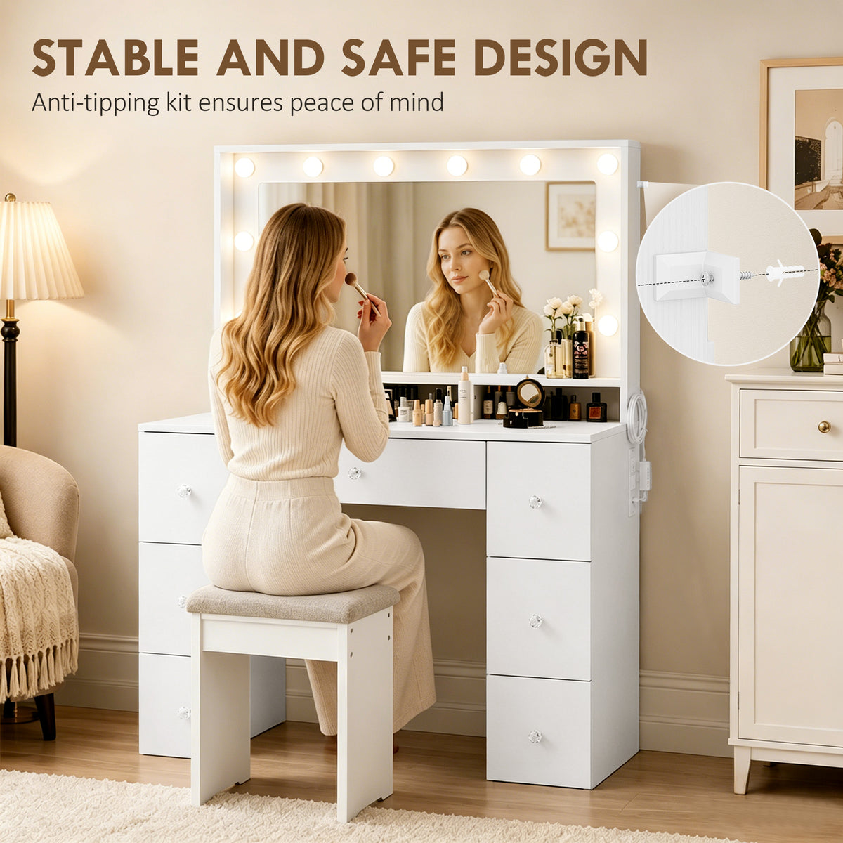 Vanity Desk with 10 Dimmable LED Lights, Mirror Dressing Table with 7 Drawers and Charging Station, White