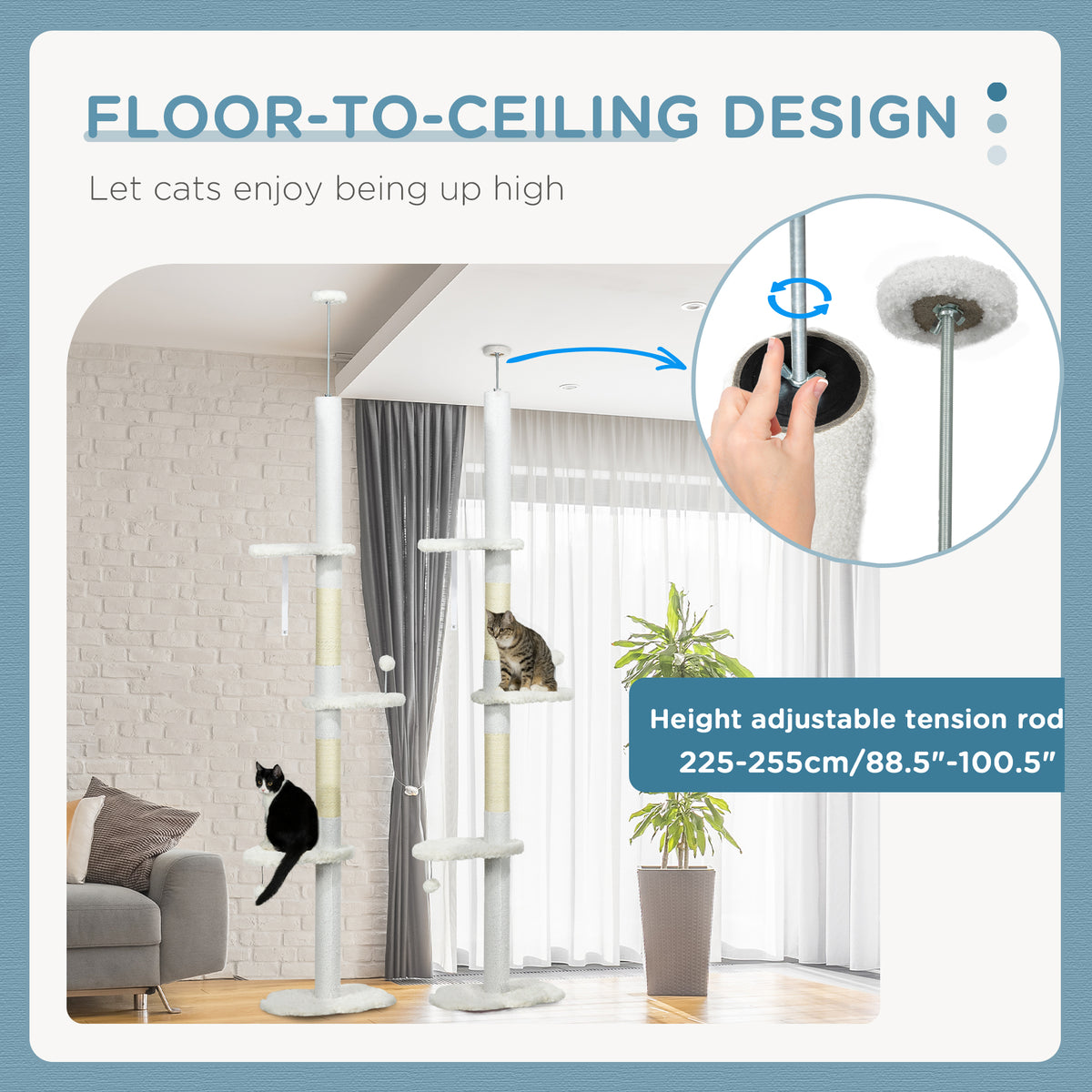 88.5"-100.5" Floor to Ceiling Cat Tree, Cat Tower with Scratching Posts, Cloud Shaped Platforms, Dangling Balls, Cream