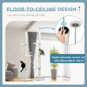88.5"-100.5" Floor to Ceiling Cat Tree, Cat Tower with Scratching Posts, Cloud Shaped Platforms, Dangling Balls, Cream