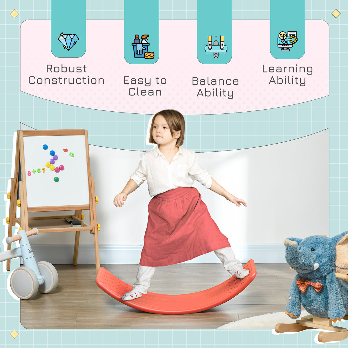 Qaba 32.3" Balance Board, Wobble Board Kids Curvy Rocker Board, Ended Preschool Learning Montessori Waldorf Toy, Ages for 3-6 Years Old