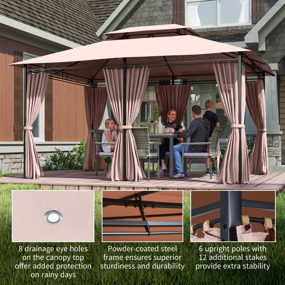 10' x 13' Patio Gazebo, Outdoor 2-Tiers Garden Canopy Yard Sunshade Shelter with Curtains, Khaki – view 3