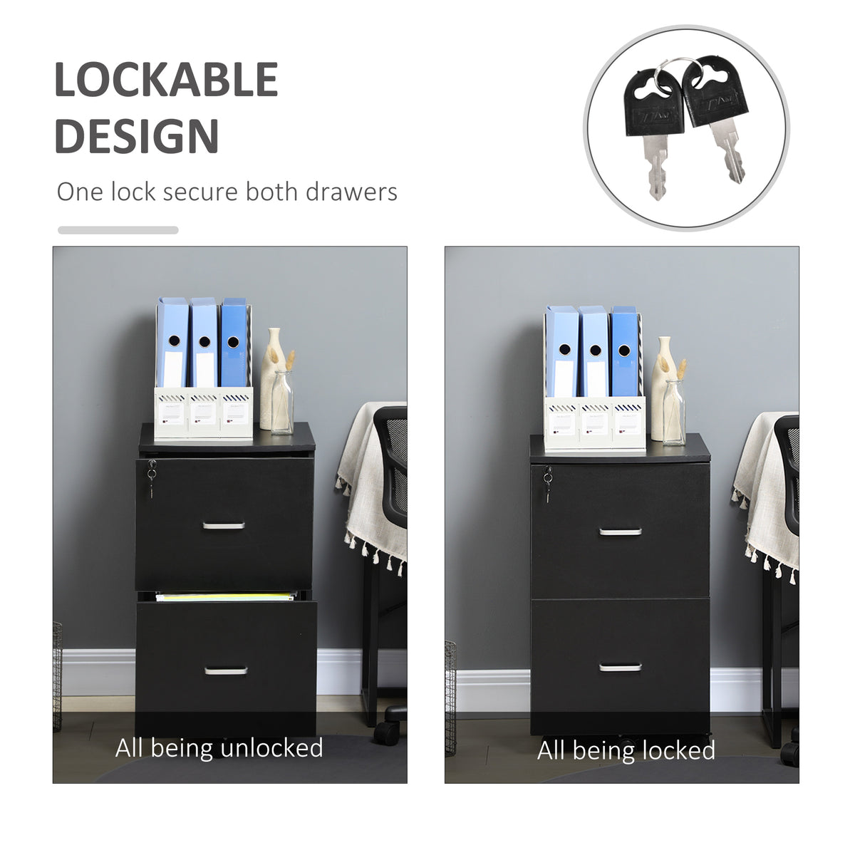 2 Drawer File Cabinet with Lock, Small Rolling Filing Cabinet for A4, Letter-Size Documents – view 3