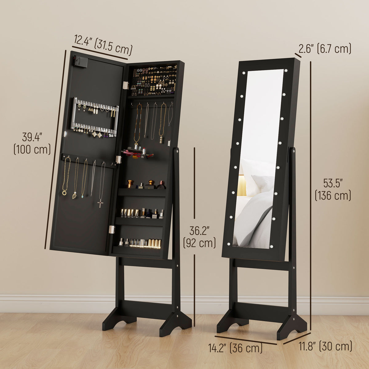 Free Standing Armoire Organizer, Lighted Mirrored Jewelry Cabinet w/ Angle Adjustable & 16 LED Lights Warm – view 23