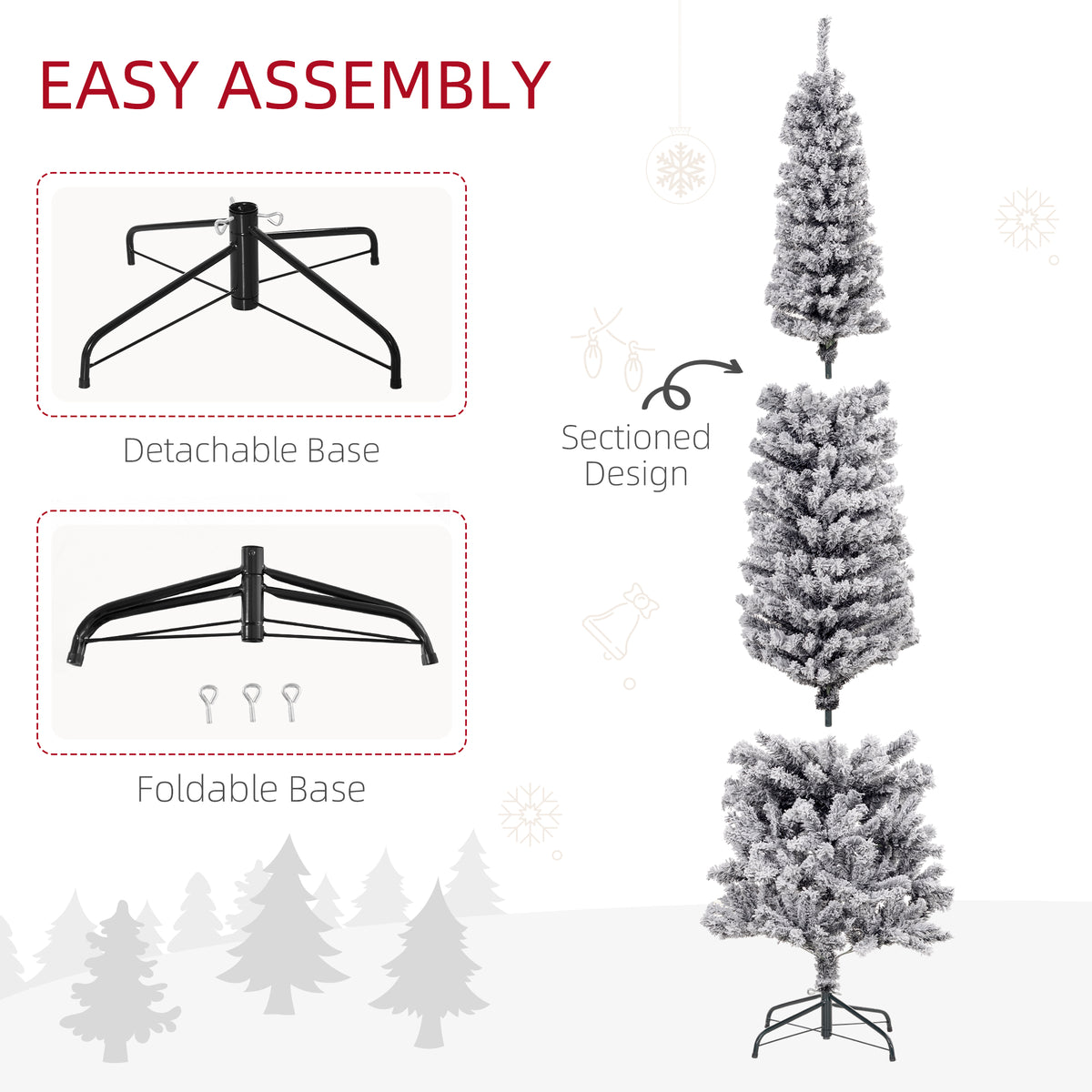 6ft Flocked Christmas Tree, Pencil Christmas Tree with Realistic Branch Tips, Folding Metal Stand, Green – view 40