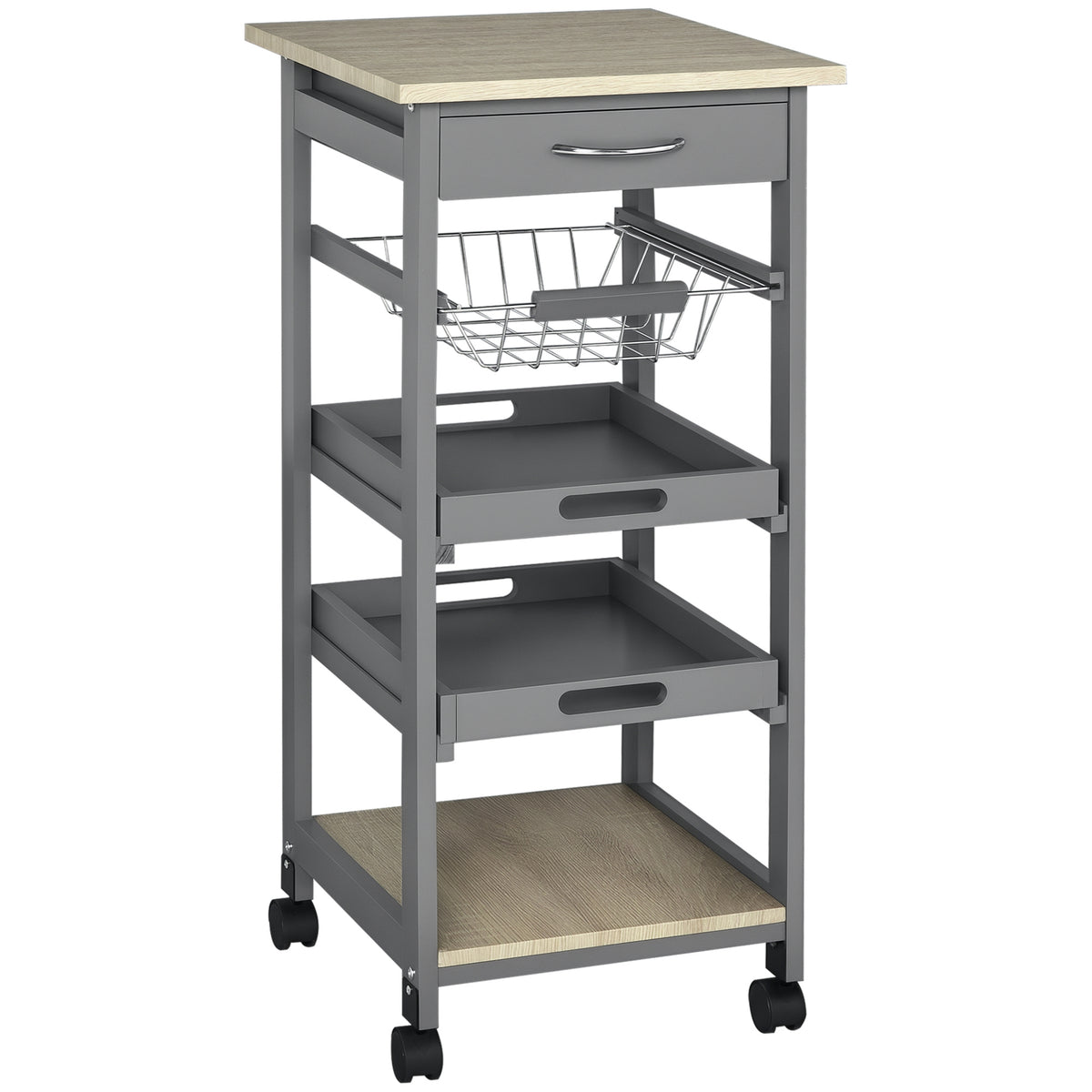 Rolling Kitchen Island Cart, Mobile Utility Storage Cart with Drawer, Wire Storage Basket, Removable Tray