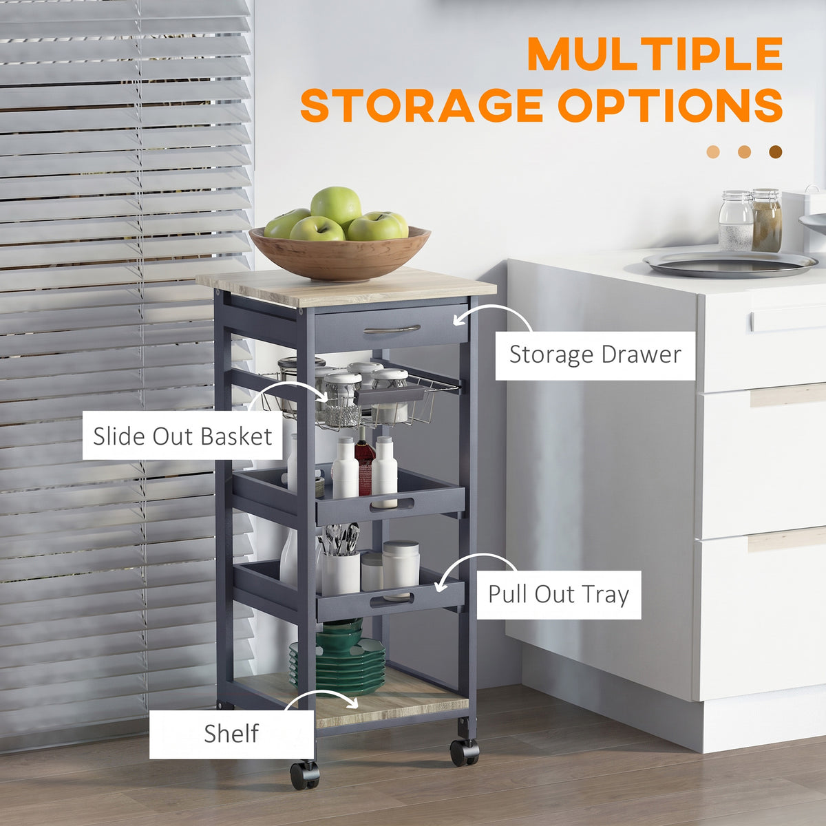 Rolling Kitchen Island Cart, Mobile Utility Storage Cart with Drawer, Wire Storage Basket, Removable Tray – view 3
